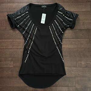 Bebe Embellished Gold & Silver Studded Drape Back Short Sleeve Top NWT S